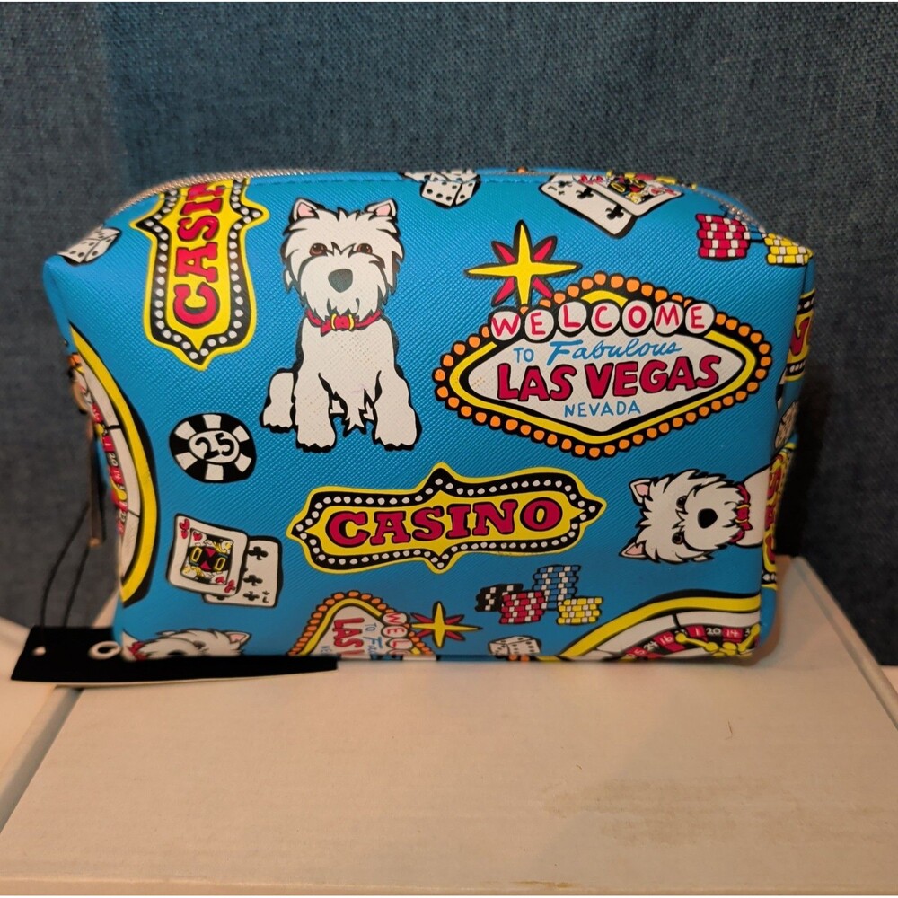 NWT Marc Tetro Las Vegas Westie Travel Bag Blue Saffiano Cosmetic Pouch New - Picture 9 of 16